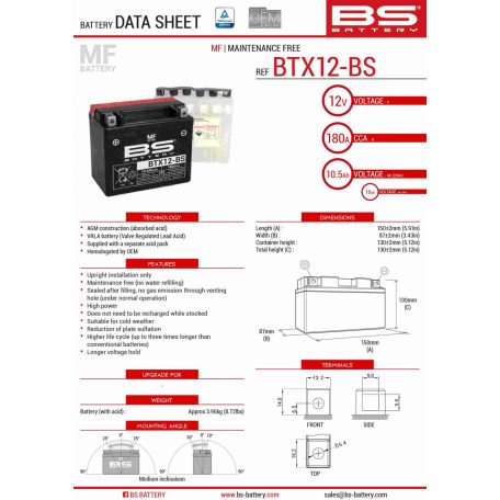 Akkumulátor 12V 10AH YTX12-BS  BS 180A(EN)