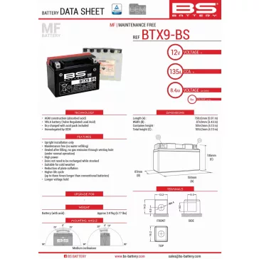 Akkumulátor BS AGM BTX9-BS 12V 8AH 135A(EN)