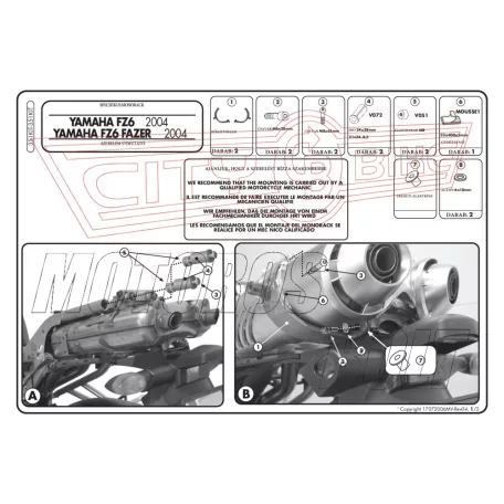 Kiegészítő szett oldaldoboz tartóhoz Yamaha FZ6 / FZ6 600 Fazer (04-06) / Yamaha FZ6 S2 / FZ6 600 Fazer S2 (07-11) GIVI