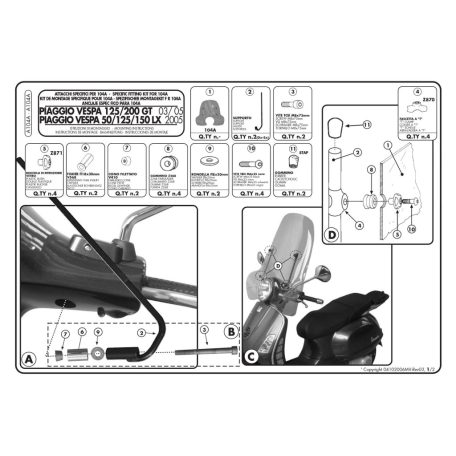 Plexi-szélvédő TARTÓ Piaggio Vespa LX 50-125-150 (05-14) / Piaggio Vespa 125-200 Granturismo (03-08) / Piaggio Vespa GTS 125-250-300 (06-22) / Piaggio Vespa GTS125-150-300 Super (08-22) GIVI