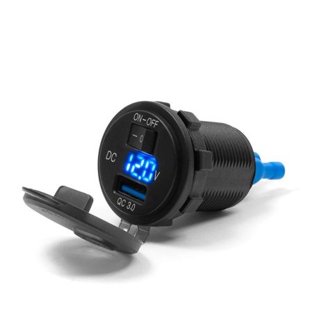 USB töltő, feszültség mérő, kapcsolós, tartó nélkül 