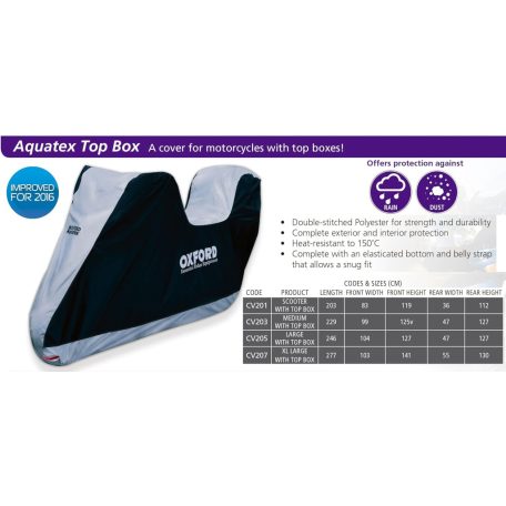 Motortakaró ponyva S méret -csomagtartó dobozos motorhoz Oxford AQUATEX - S (203x83x119 cm)