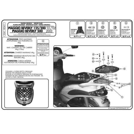 Csomagtartó platni Piaggio Beverly 125-200 (01-04) / Piaggio Beverly 125-250-400 (04-07) / Piaggio Beverly 500 (03-04) GIVI