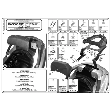 Csomagtartó Piaggio MP3 125-250-300-400 (06-11) / MP3 Touring 300-400 (11) / MP3 Business 500 (12-13) / MP3 SPORT 500 (12-13) / MP3 300 BUSINESS (12-14) / MP3 300 SPORT (12-14) GIVI MonoLOCK dobozhoz