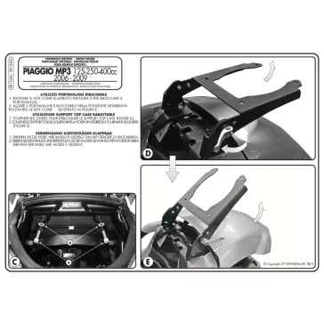   Csomagtartó Piaggio MP3 125-250-300-400 (06-11) / MP3 Touring 300-400 (11) / MP3 Business 500 (12-13) / MP3 SPORT 500 (12-13) / MP3 300 BUSINESS (12-14) / MP3 300 SPORT (12-14) GIVI MonoLOCK dobozhoz
