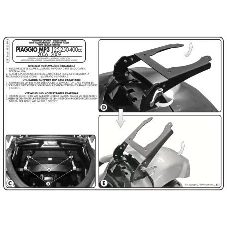 Csomagtartó Piaggio MP3 125-250-300-400 (06-11) / MP3 Touring 300-400 (11) / MP3 Business 500 (12-13) / MP3 SPORT 500 (12-13) / MP3 300 BUSINESS (12-14) / MP3 300 SPORT (12-14) GIVI MonoLOCK dobozhoz