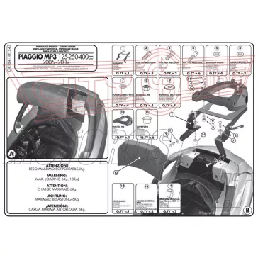   Csomagtartó Piaggio MP3 125-250-300-400 (06-11) / MP3 Touring 300-400 (11) / MP3 Business 500 (12-13) / MP3 SPORT 500 (12-13) / MP3 300 BUSINESS (12-14) / MP3 300 SPORT (12-14) GIVI MonoKEY dobozhoz