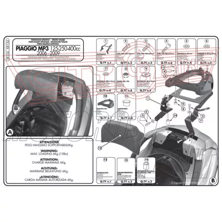 Csomagtartó Piaggio MP3 125-250-300-400 (06-11) / MP3 Touring 300-400 (11) / MP3 Business 500 (12-13) / MP3 SPORT 500 (12-13) / MP3 300 BUSINESS (12-14) / MP3 300 SPORT (12-14) GIVI MonoKEY dobozhoz
