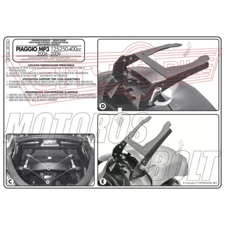 Csomagtartó Piaggio MP3 125-250-300-400 (06-11) / MP3 Touring 300-400 (11) / MP3 Business 500 (12-13) / MP3 SPORT 500 (12-13) / MP3 300 BUSINESS (12-14) / MP3 300 SPORT (12-14) GIVI MonoKEY dobozhoz