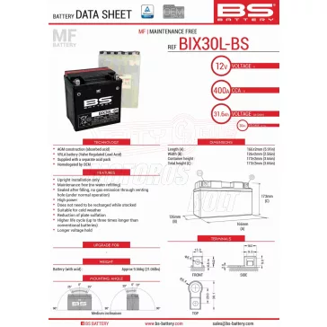 Akkumulátor BS márkájú BTX30L-BS 12V 30AH 400A